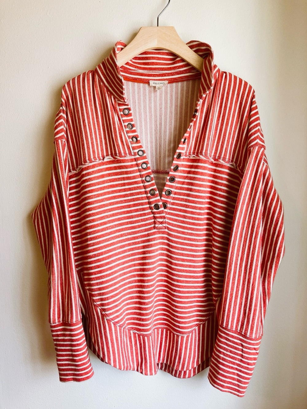 Anthropologie Pullover Quarter V-Neck Shirt Oversized Small Red Stripes Pilcro - Picture 2 of 12